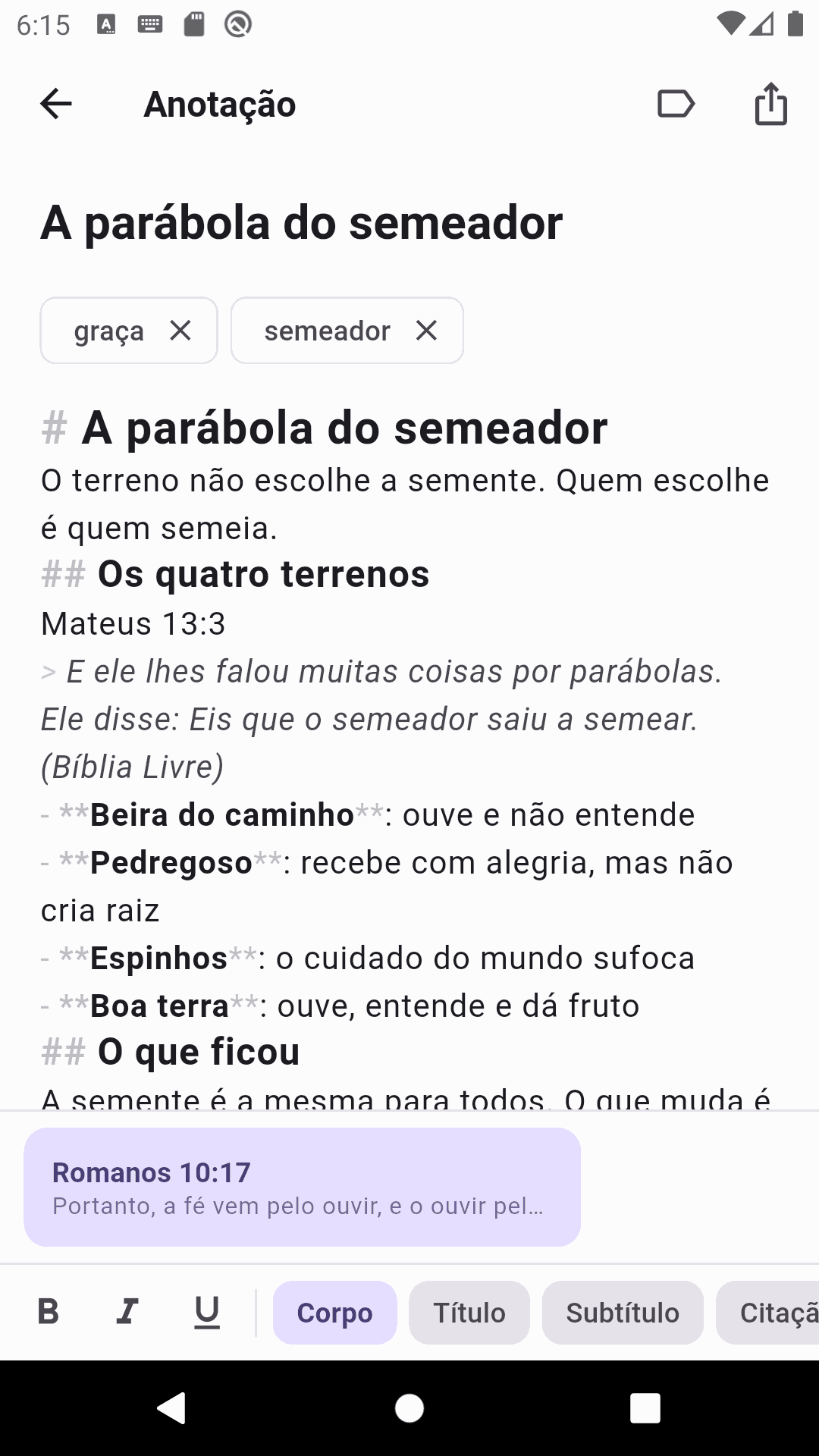 Anotação formatada no Notas Culto, com um versículo citado e a barra de formatação