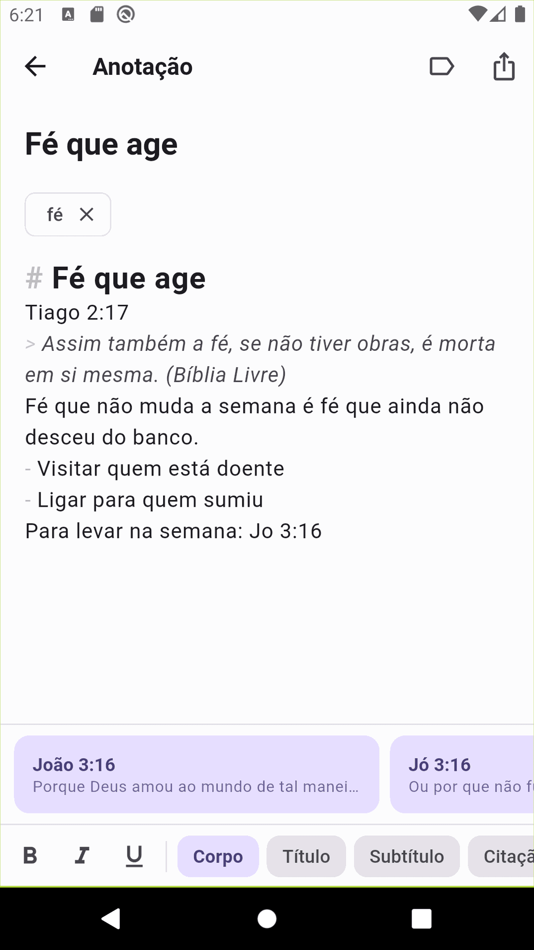Barra de sugestões do Notas Culto oferecendo João e Jó depois que "Jo 3:16" foi digitado